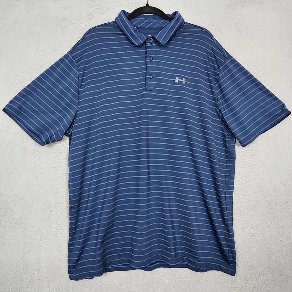 Under Armour Playoff Polo Shirt Mens 2XL Blue Stripe Golf Short Sleeve Stretch